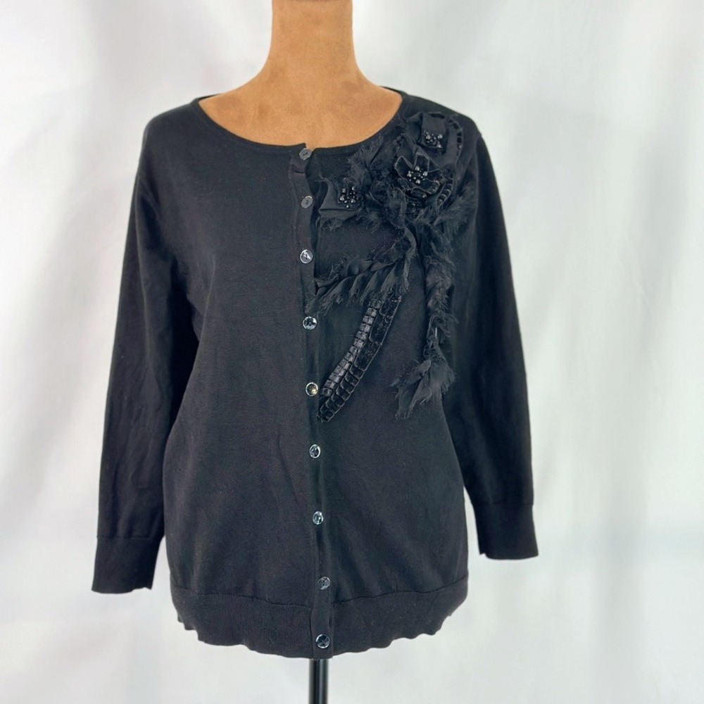 August Silk Cardigan Women Large Black 3D Floral Embellished Gothic Romantic